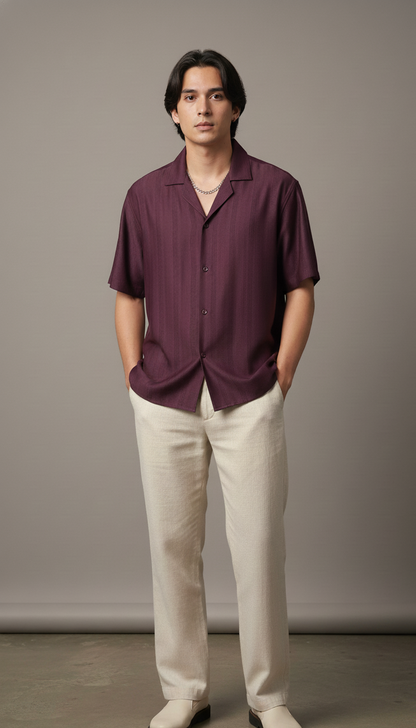 Half Sleeves Wine Color Striped Self Design Knitted Shirt