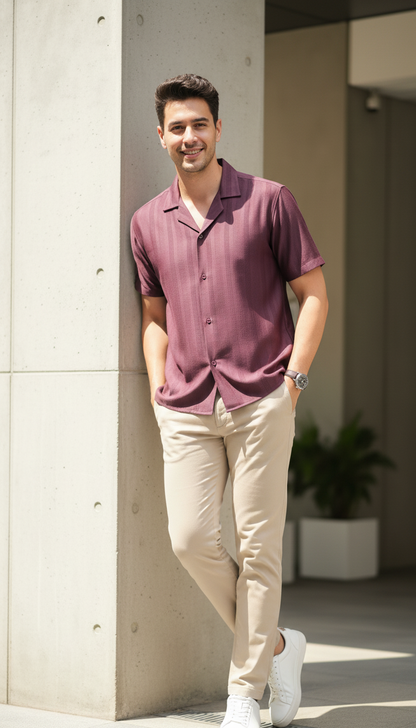 Half Sleeves Wine Color Striped Self Design Knitted Shirt