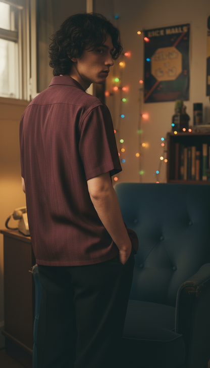 Half Sleeves Wine Color Striped Self Design Knitted Shirt