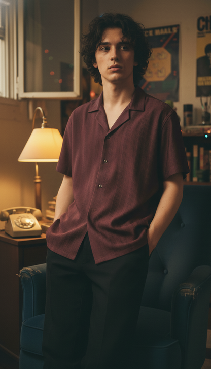 Half Sleeves Wine Color Striped Self Design Knitted Shirt