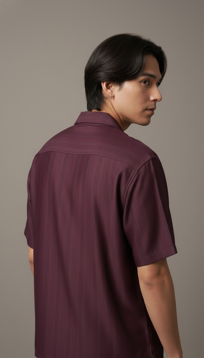 Half Sleeves Wine Color Striped Self Design Knitted Shirt