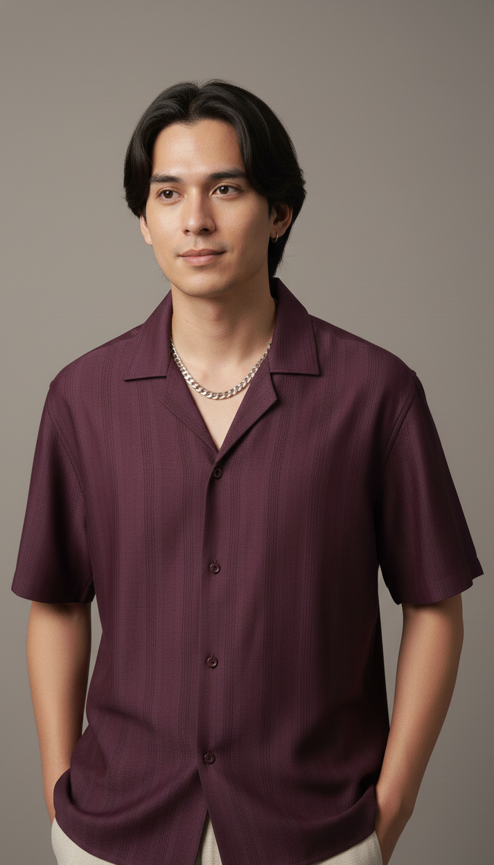 Half Sleeves Wine Color Striped Self Design Knitted Shirt