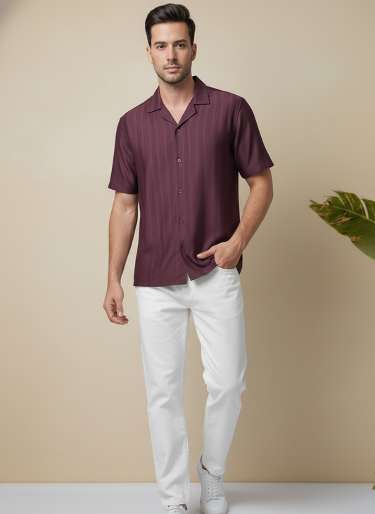 Half Sleeves Wine Color Striped Self Design Knitted Shirt