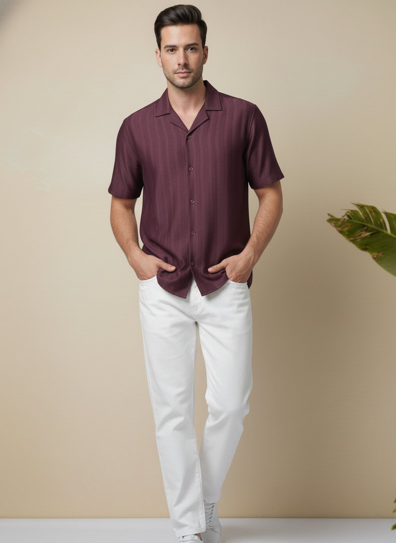 Half Sleeves Wine Color Striped Self Design Knitted Shirt