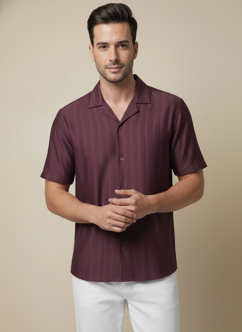 Half Sleeves Wine Color Striped Self Design Knitted Shirt