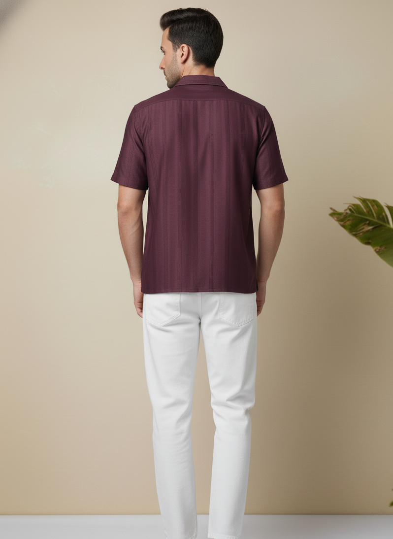 Half Sleeves Wine Color Striped Self Design Knitted Shirt