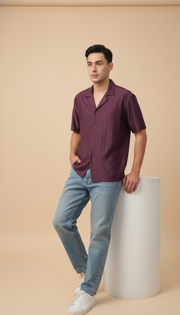 Half Sleeves Wine Color Striped Self Design Knitted Shirt