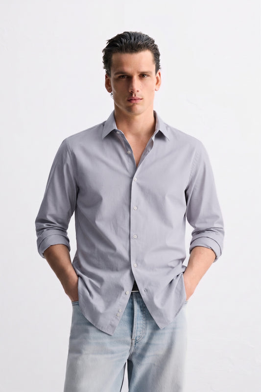 Slate Grey Cotton Button-Up Shirt – Tailored Lightweight Luxury Essential for Men