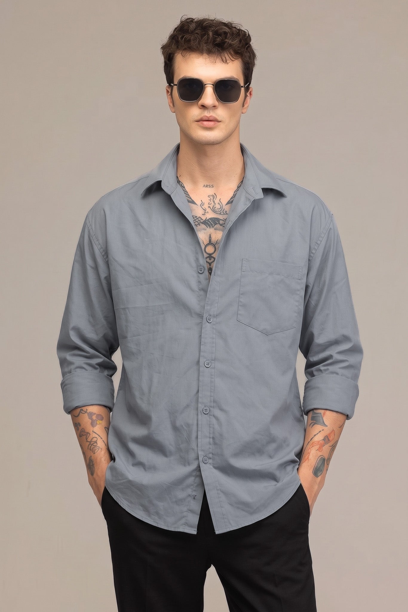 Slate Grey Cotton Shirt – Classic Fit Button-Down with Chest Pocket & Everyday Comfort