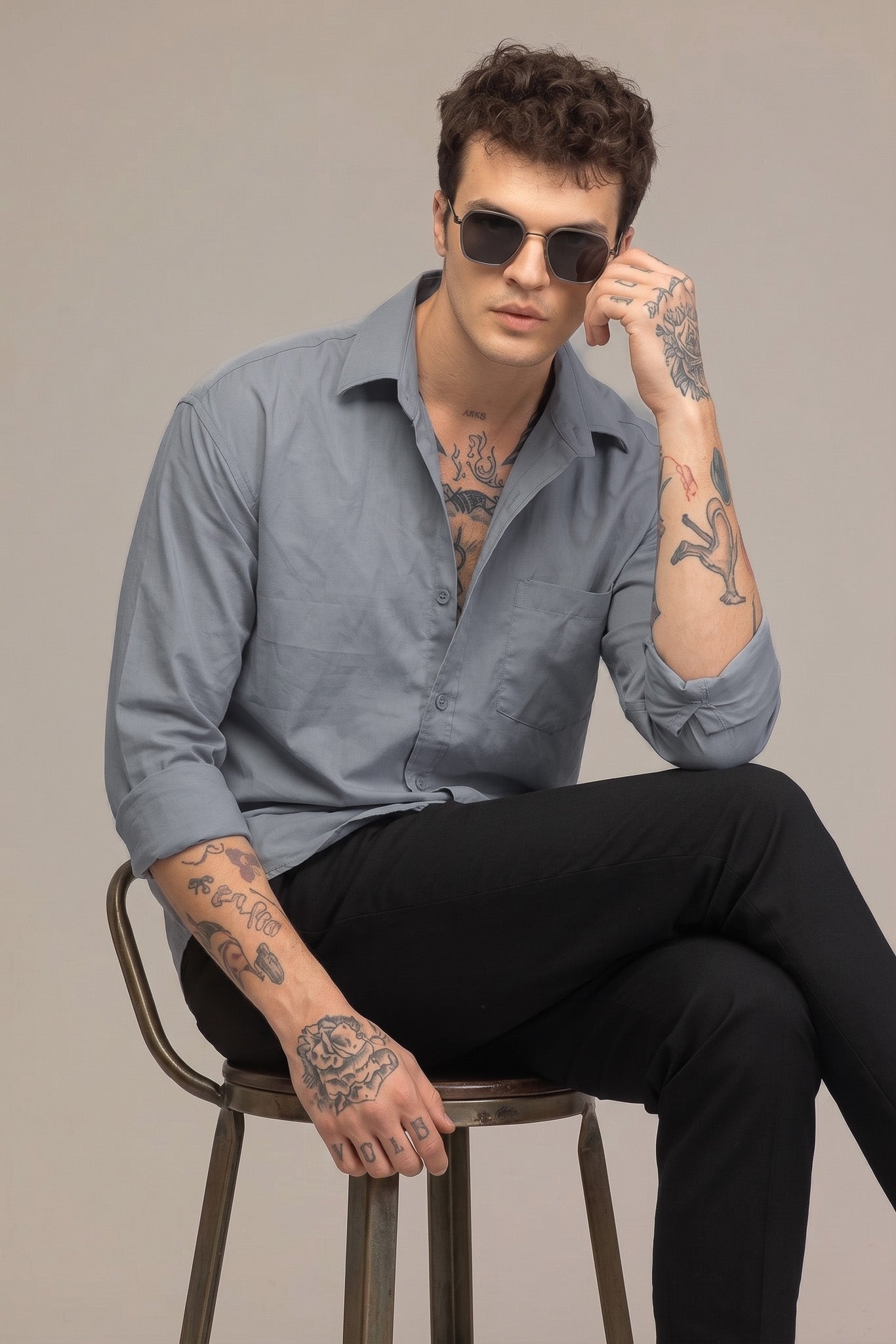 Slate Grey Cotton Shirt – Classic Fit Button-Down with Chest Pocket & Everyday Comfort