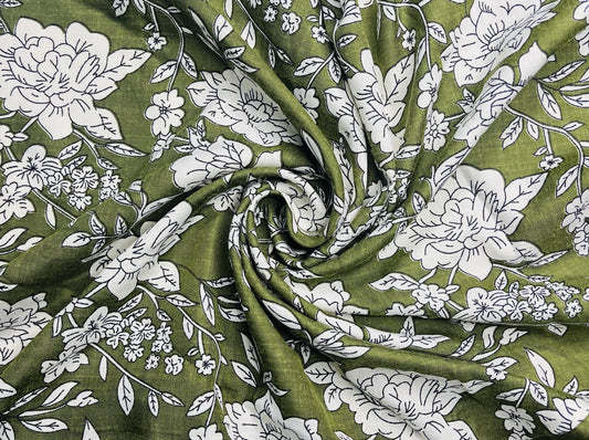 Floral Print Olive Color Pure Cotton Fabric (Width 58 Inches)