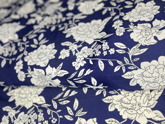 Floral Print Dark Blue Color Pure Cotton Fabric (Width 58 Inches)