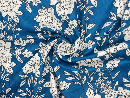 Floral Print Sky Blue Color Pure Cotton Fabric (Width 58 Inches)