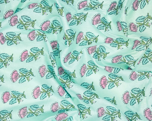 Ocean Color Flower Print Pure Jaipuri Cotton Fabric (Width 42 Inches)