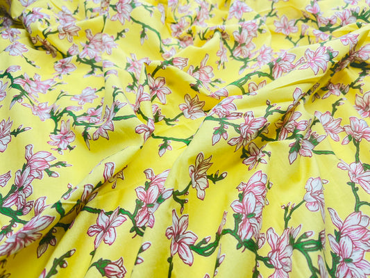 Yellow Color Printed Pure Jaipuri Cotton Fabric (Width 42 Inches)