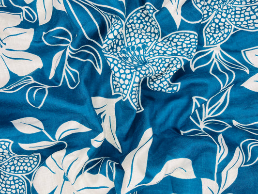 Floral Print Ocean Color Cotton Hand Loom Fabric (Width 58 Inches)