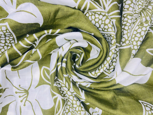 Floral Print Olive Color Cotton Hand Loom Fabric (Width 58 Inches)