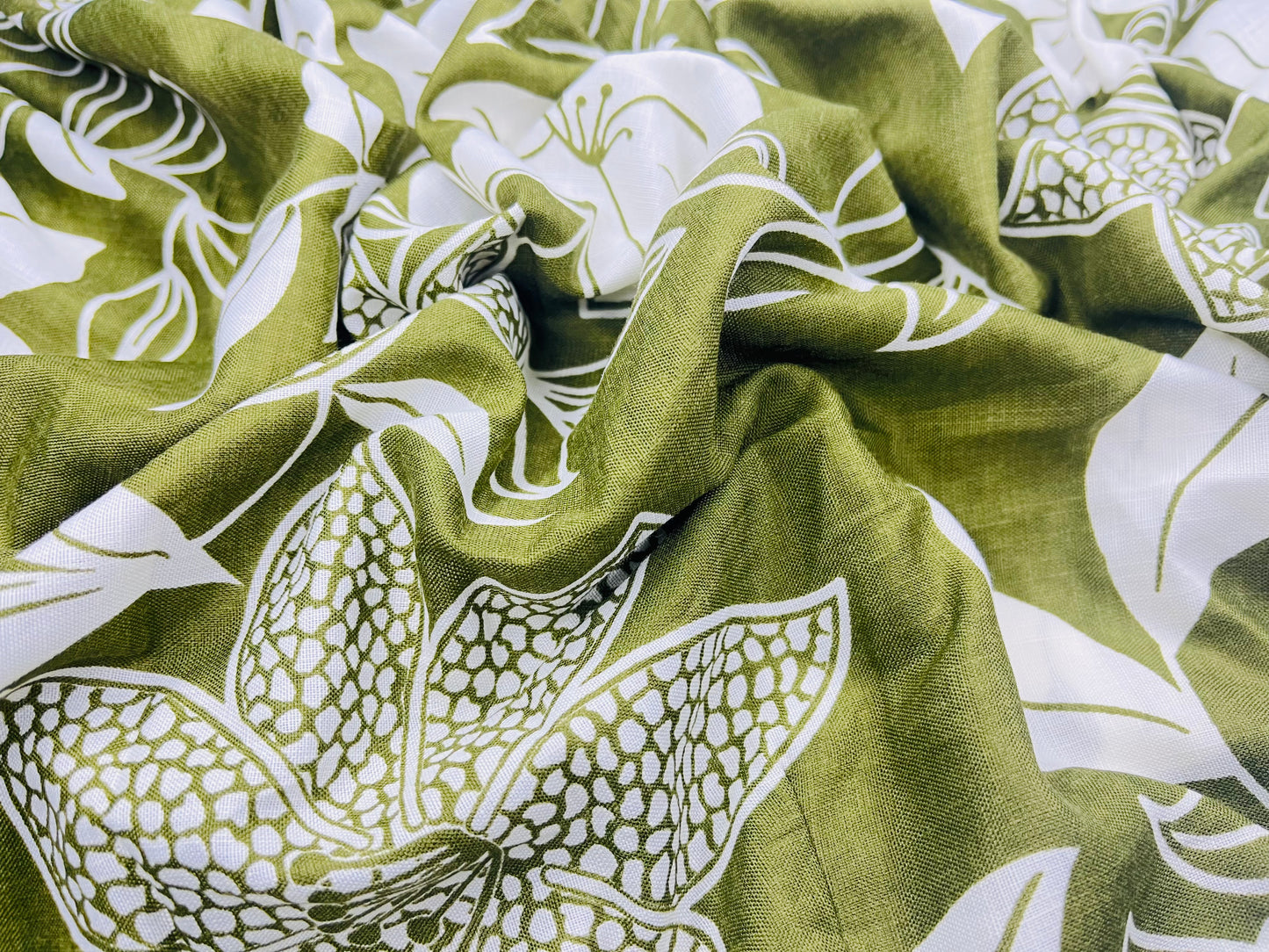 Floral Print Olive Color Cotton Hand Loom Fabric (Width 58 Inches)