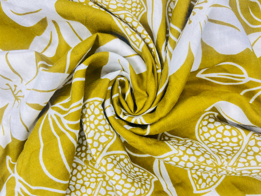 Floral Print Mustard Color Cotton Hand Loom Fabric (Width 58 Inches)