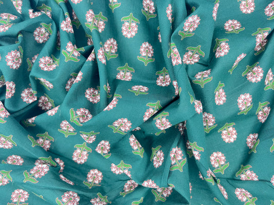 Turquoise Color Printed Pure Jaipuri Cotton Fabric (Width 42 Inches)