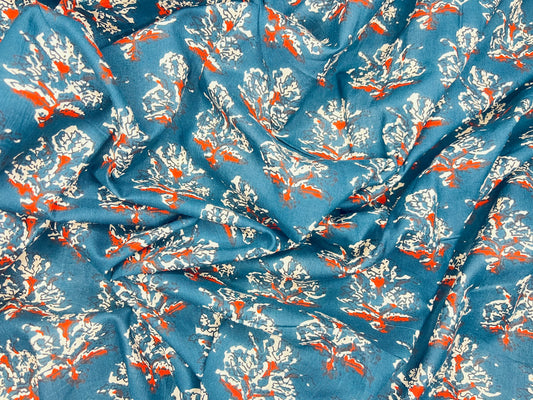 Teal Color Hand Block Print Pure Cotton Fabric (Width 42 Inches)