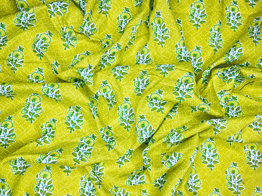 Light Green Color Floral Print Pure Cotton Fabric (Width 42 Inches)