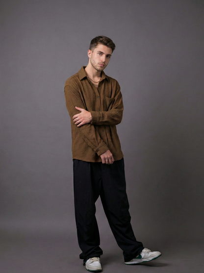 Brown Color Embroidered Stripes Design Jacquard Fabric Shirt