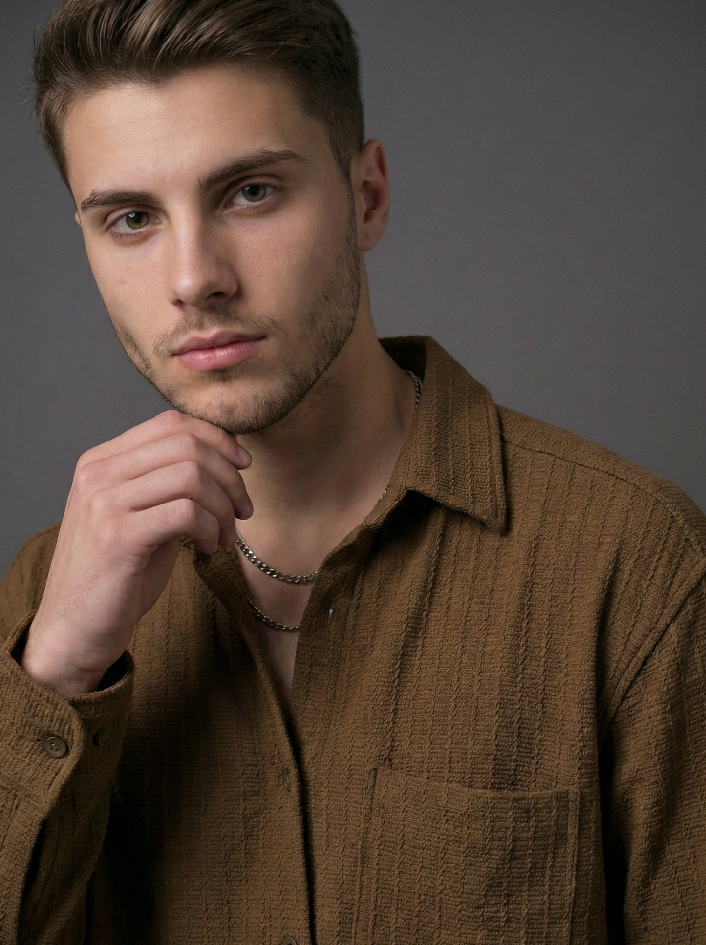 Brown Color Embroidered Stripes Design Jacquard Fabric Shirt