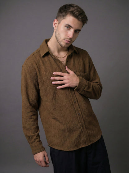 Brown Color Embroidered Stripes Design Jacquard Fabric Shirt