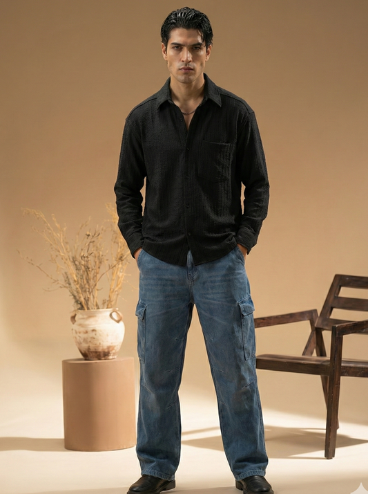 Solid Black Color Embroidered Stripes Design Jacquard Fabric Shirt