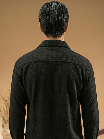 Solid Black Color Embroidered Stripes Design Jacquard Fabric Shirt