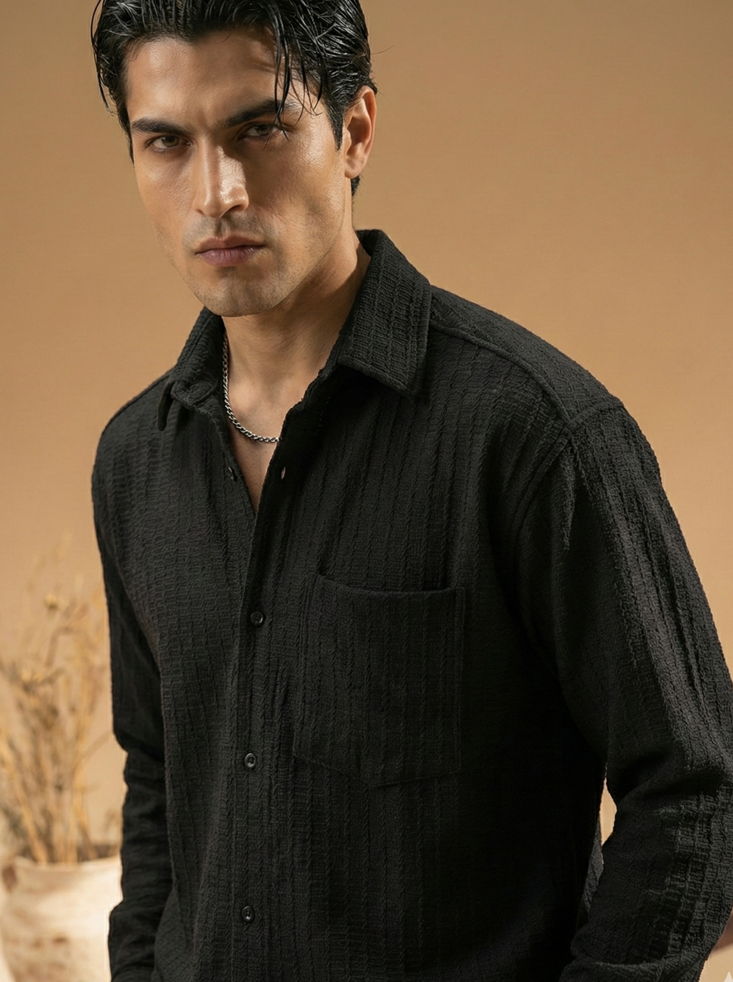 Solid Black Color Embroidered Stripes Design Jacquard Fabric Shirt