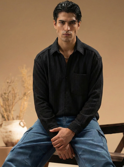 Solid Black Color Embroidered Stripes Design Jacquard Fabric Shirt