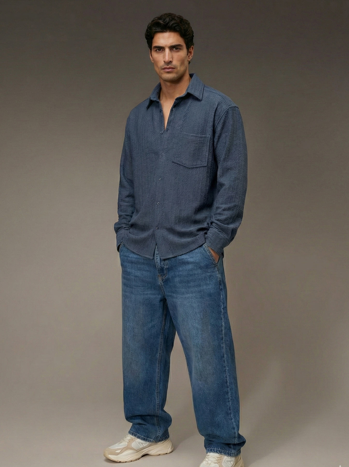 Navy Blue Color Embroidered Stripes Design Jacquard Fabric Shirt