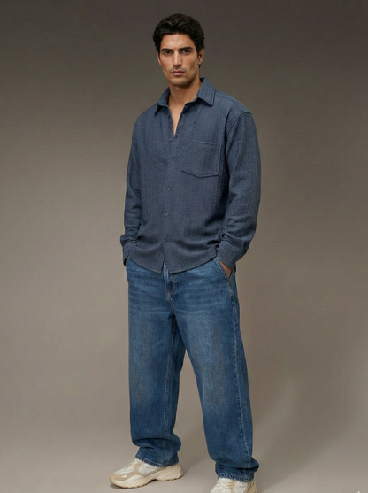 Navy Blue Color Embroidered Stripes Design Jacquard Fabric Shirt