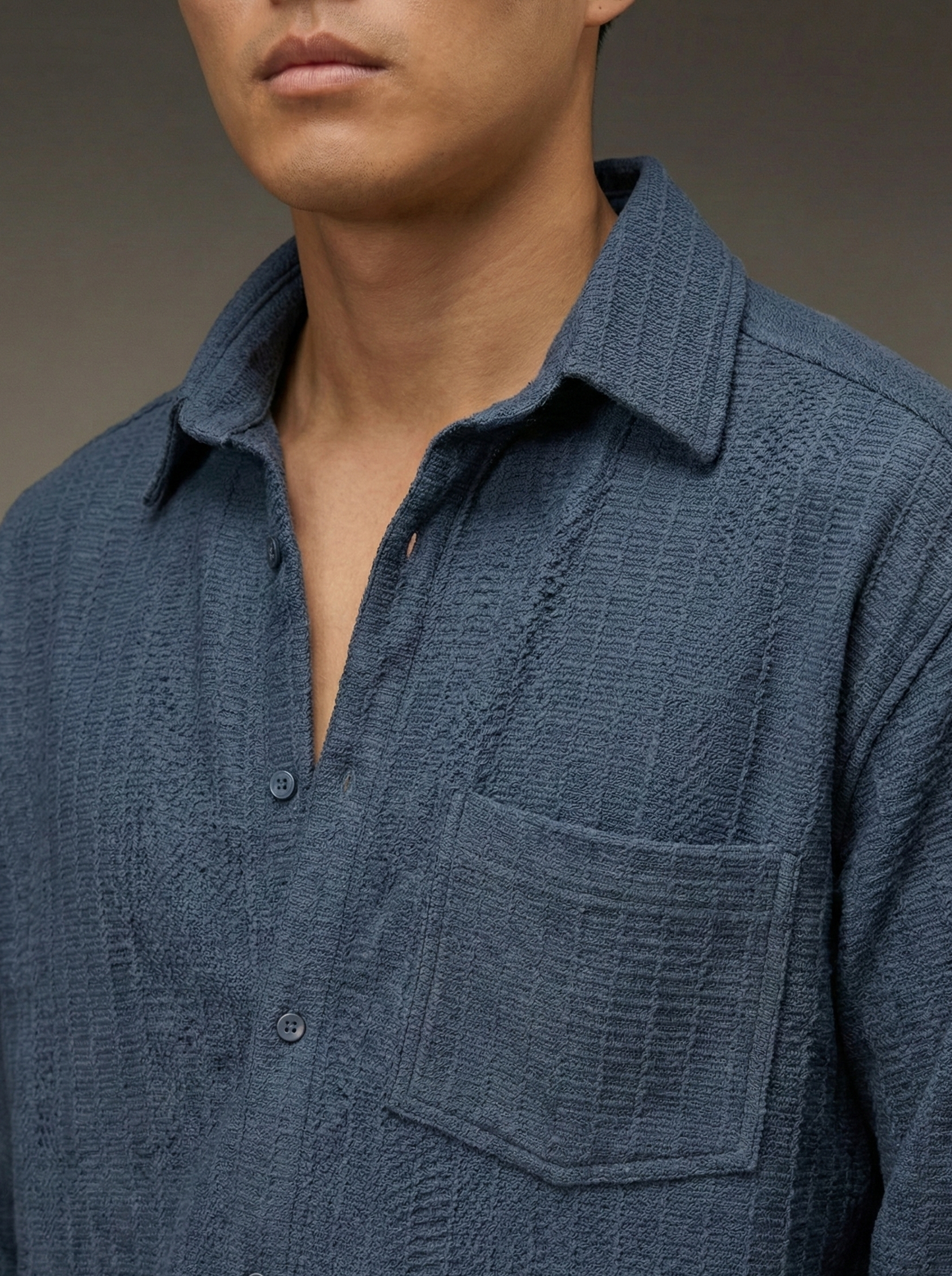 Navy Blue Color Embroidered Stripes Design Jacquard Fabric Shirt