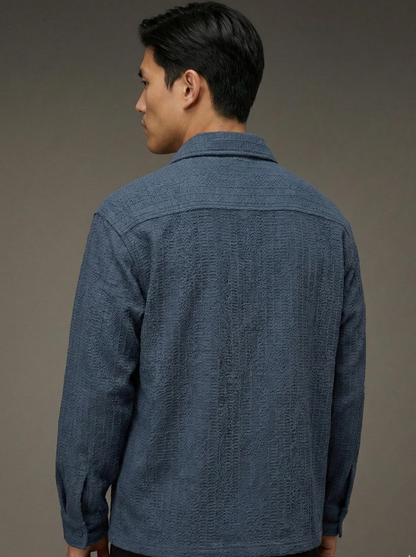 Navy Blue Color Embroidered Stripes Design Jacquard Fabric Shirt