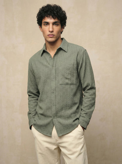 Olive Color Embroidered Stripes Design Jacquard Fabric Shirt