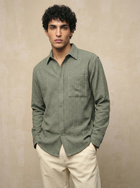 Olive Color Embroidered Stripes Design Jacquard Fabric Shirt