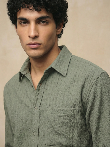 Olive Color Embroidered Stripes Design Jacquard Fabric Shirt