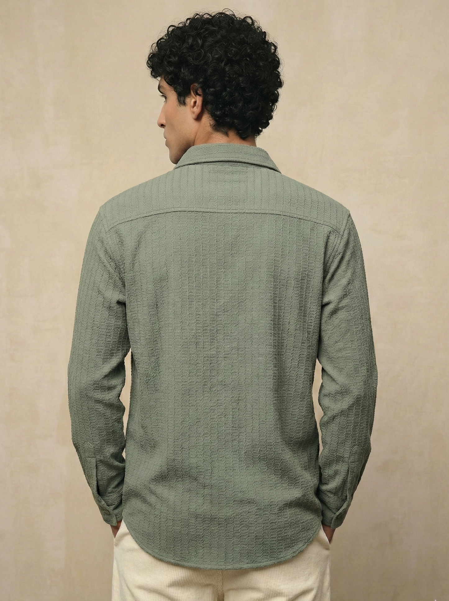 Olive Color Embroidered Stripes Design Jacquard Fabric Shirt