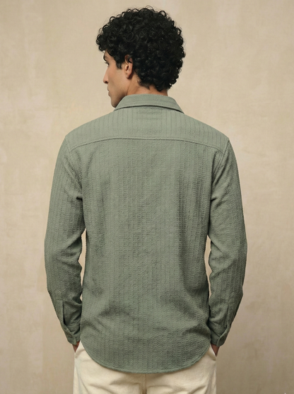 Olive Color Embroidered Stripes Design Jacquard Fabric Shirt