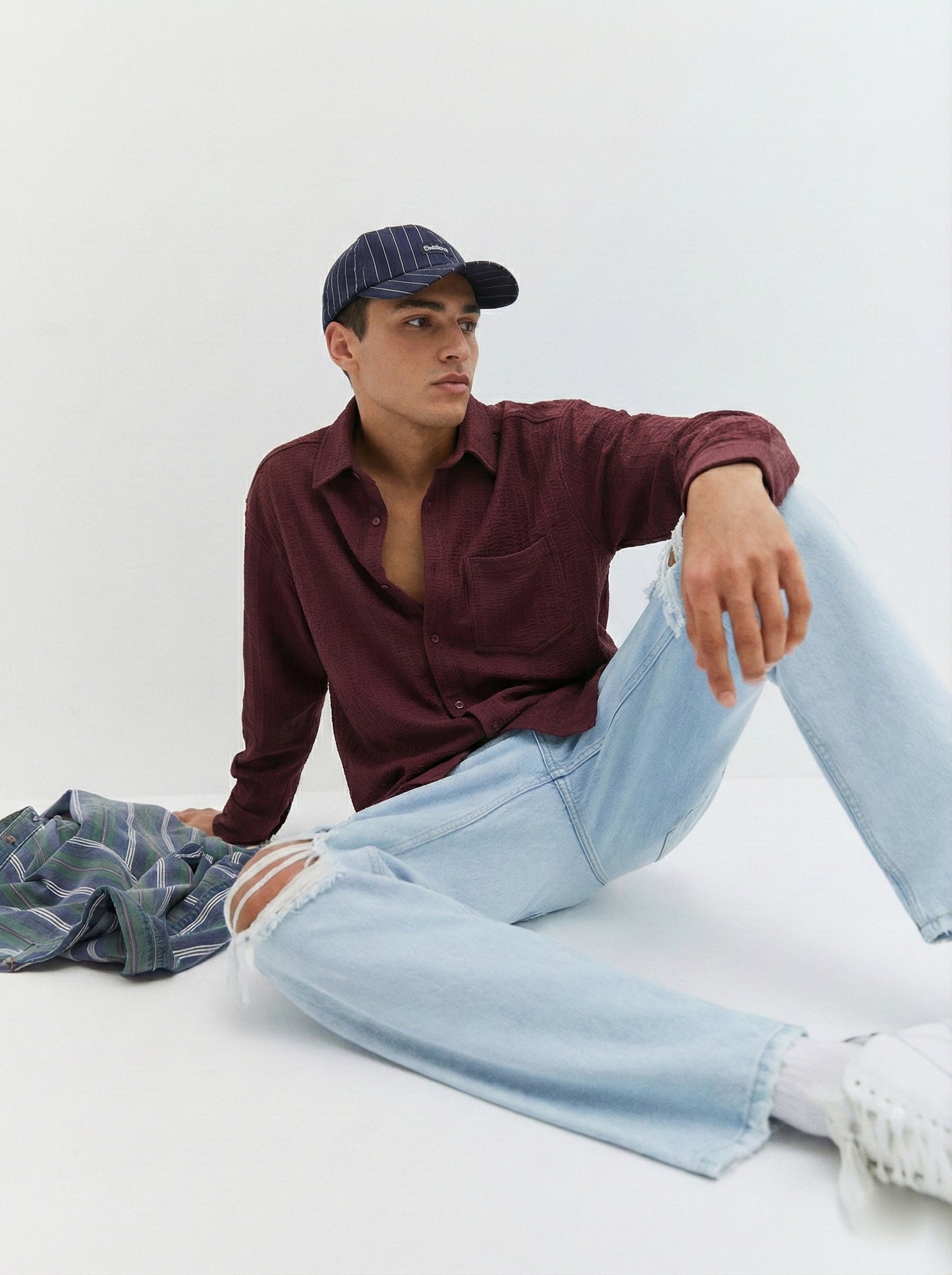 Wine Color Embroidered Stripes Design Jacquard Fabric Shirt