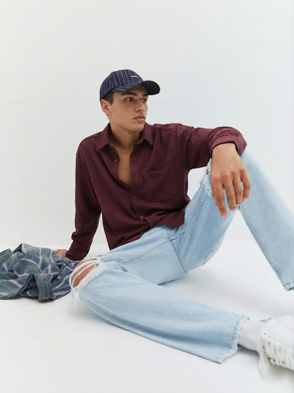 Wine Color Embroidered Stripes Design Jacquard Fabric Shirt