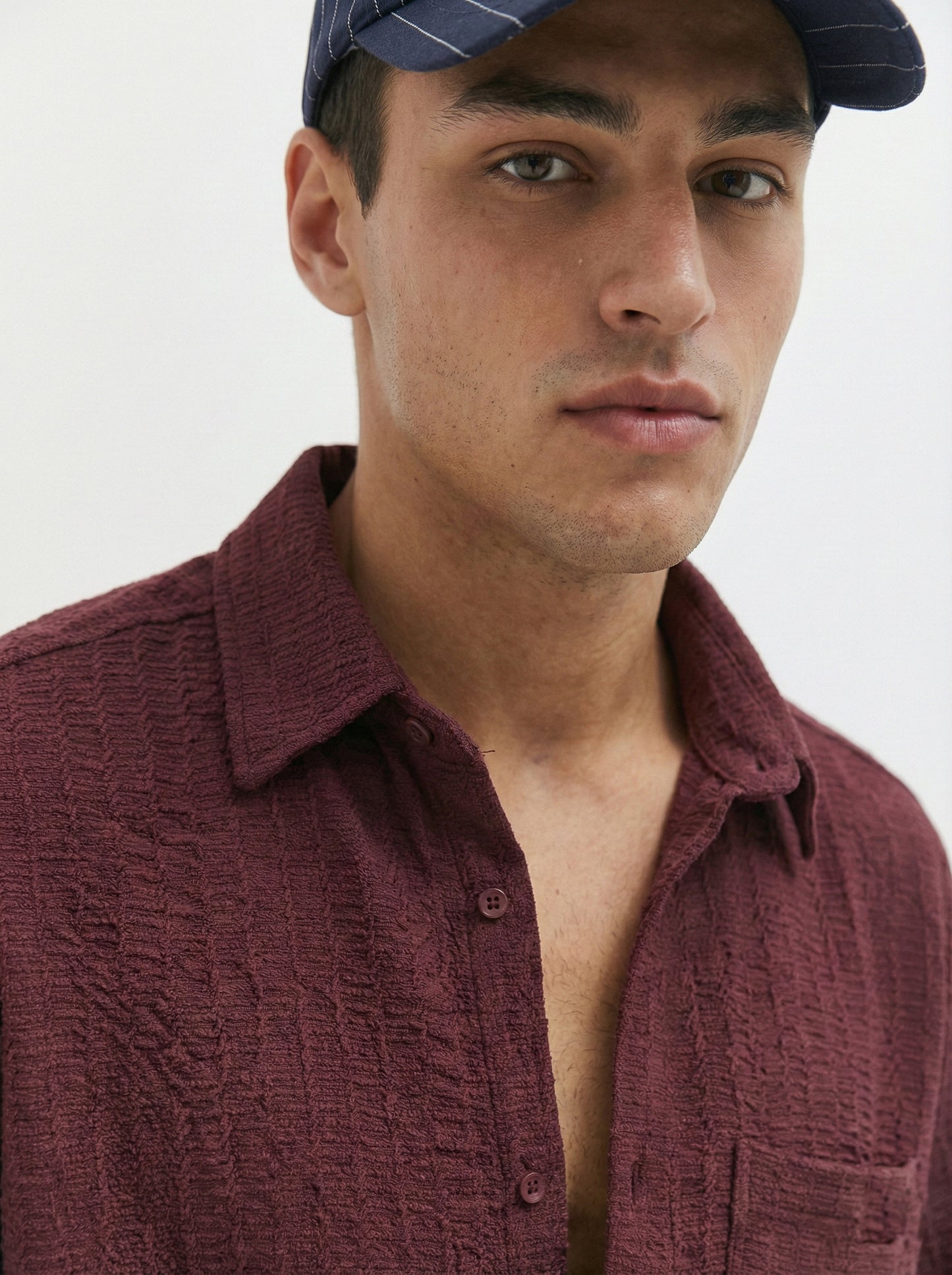 Wine Color Embroidered Stripes Design Jacquard Fabric Shirt