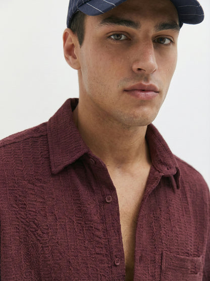 Wine Color Embroidered Stripes Design Jacquard Fabric Shirt