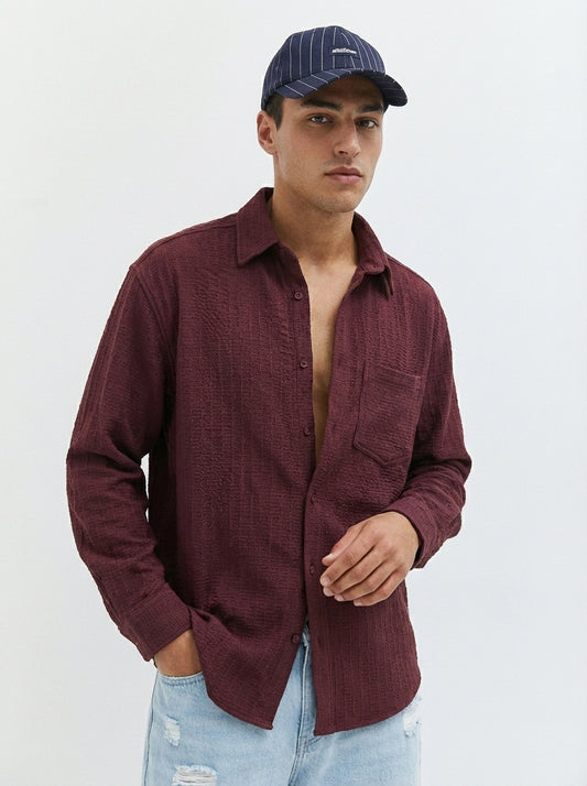 Wine Color Embroidered Stripes Design Jacquard Fabric Shirt