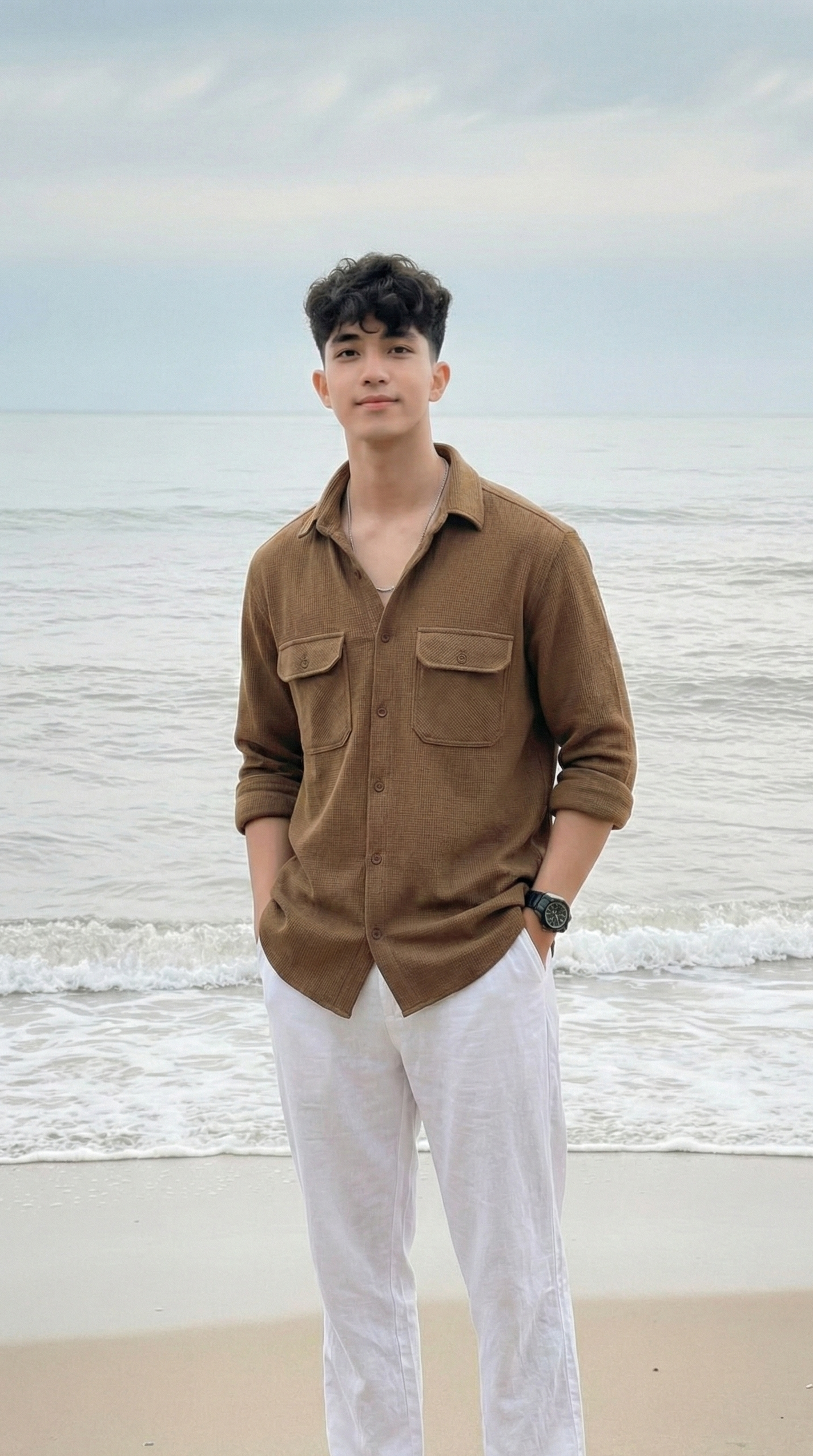 Camel Brown Color Double Side Patch Pocket Knitted Fabric Shirt