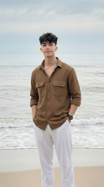 Camel Brown Color Double Side Patch Pocket Knitted Fabric Shirt