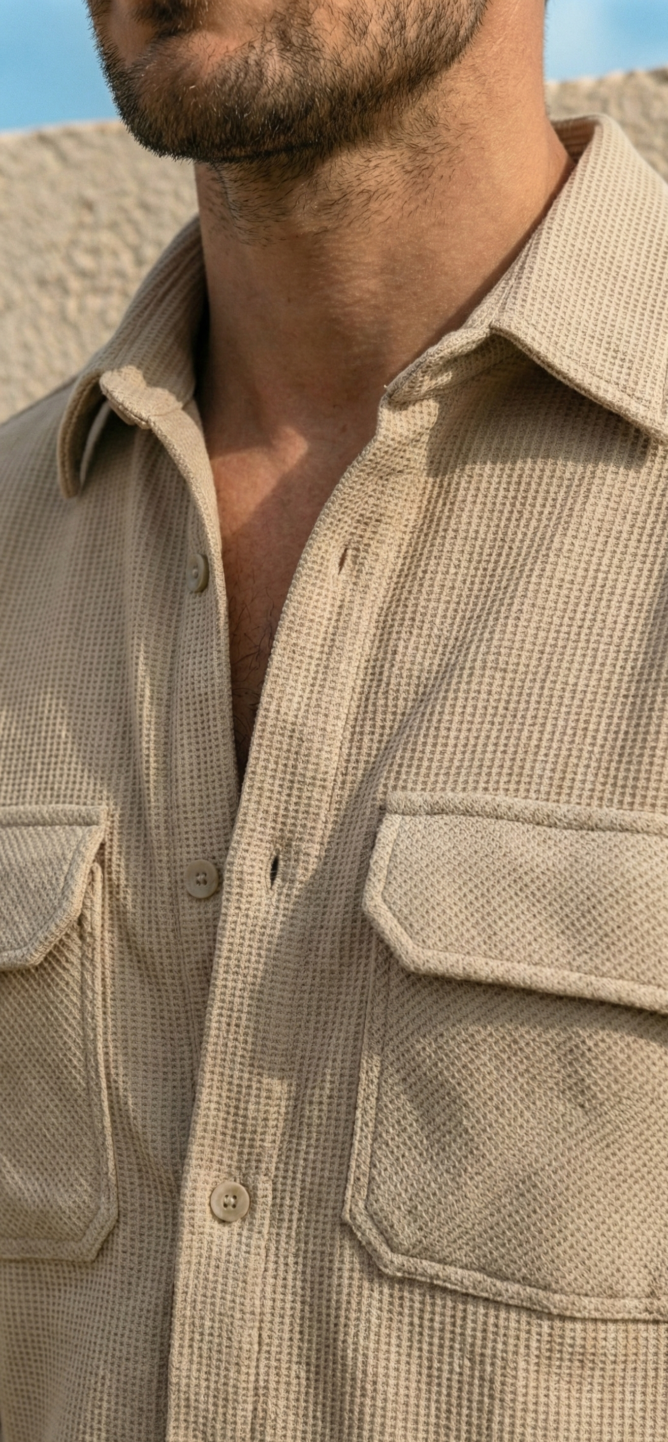 Beige Color Double Side Patch Pocket Knitted Fabric Shirt